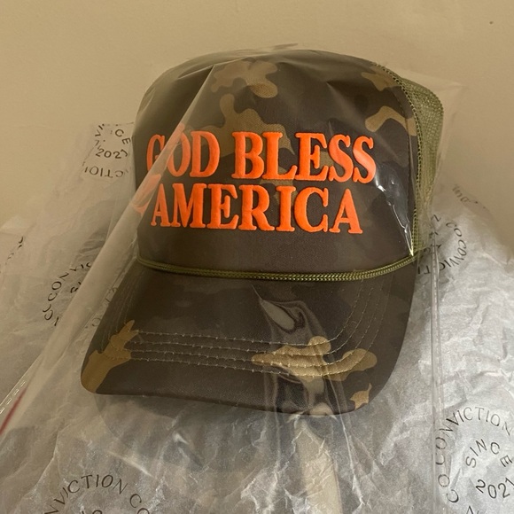 NEW Women Trucker Hat Baseball Cap OS Camo & Orange God Bless America Camouflage